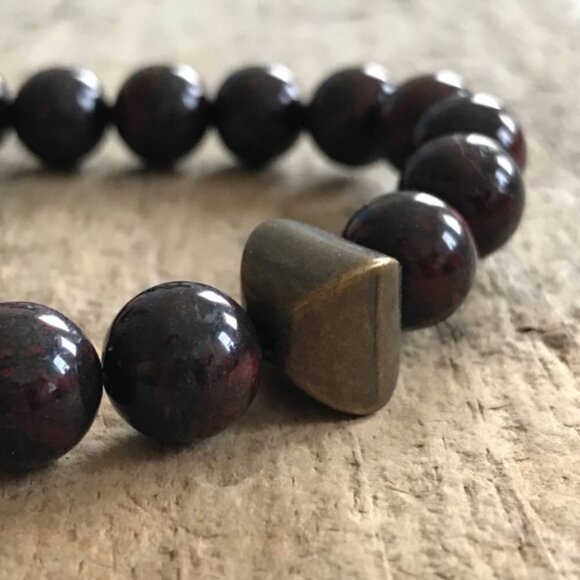 Men's Burgundy Jasper Gemstone Bracelet Brass Accent Bead - 10mm Beads - Picture 1 of 4